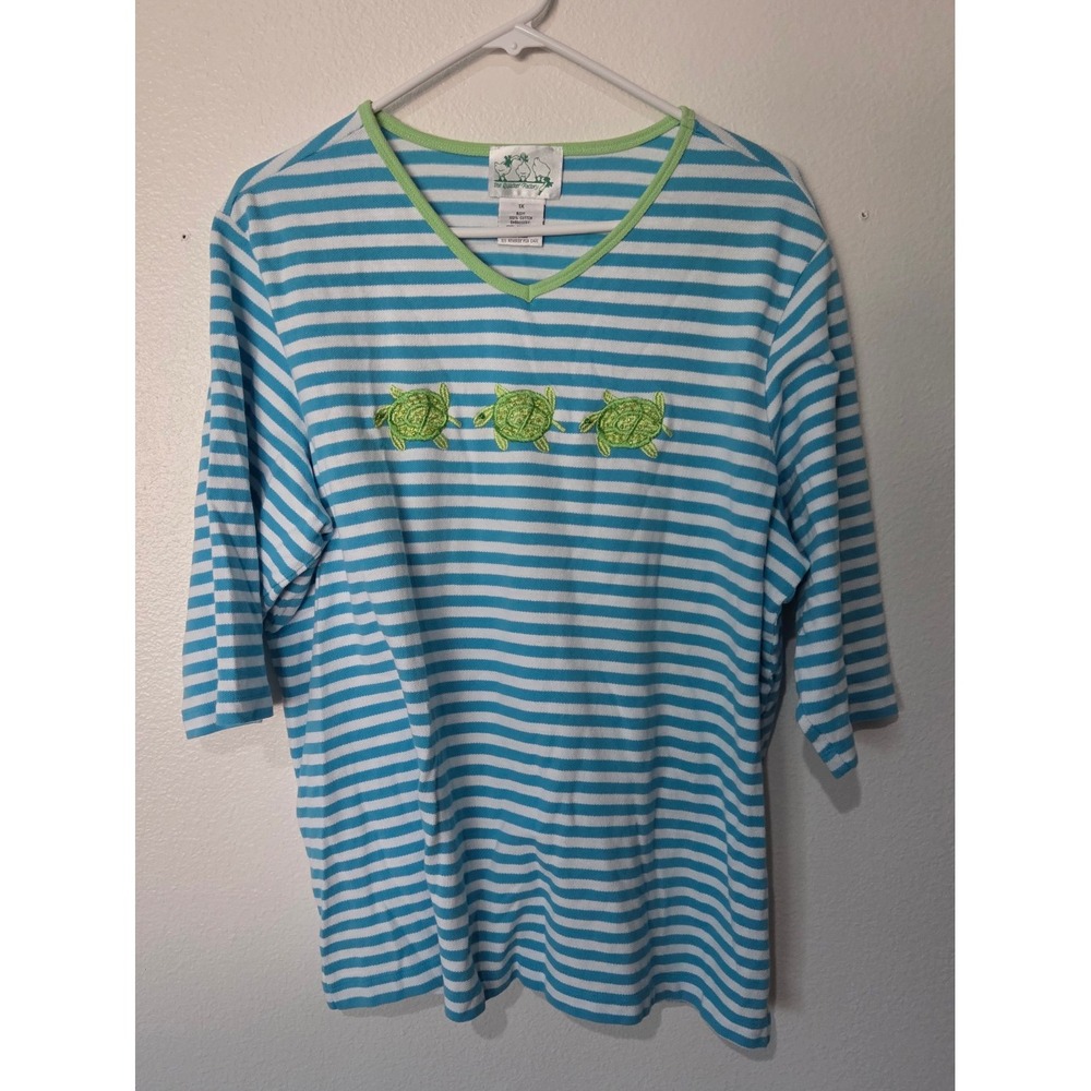 Quacker Factory Womens Top Blue White Striped 3/4 Sleeve Embroidered Turtles 1X